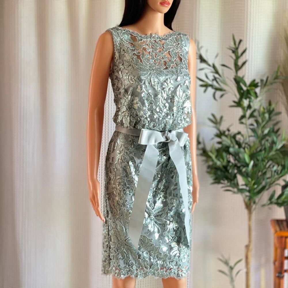 NWT Tadashi‎ Shoji Ice Green Sequin Lace Dress Cocktail Dress Ribbon Belt Size 6
